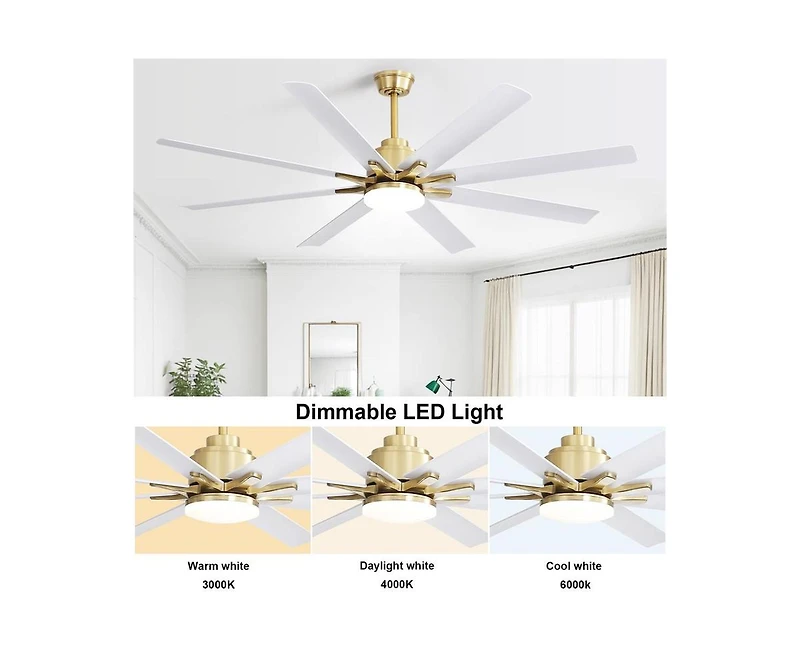 66-inch Modern Golden 8-blade Ceiling Fan with Intelligent Remote Control and App Timing Function for Various Indoor Layouts