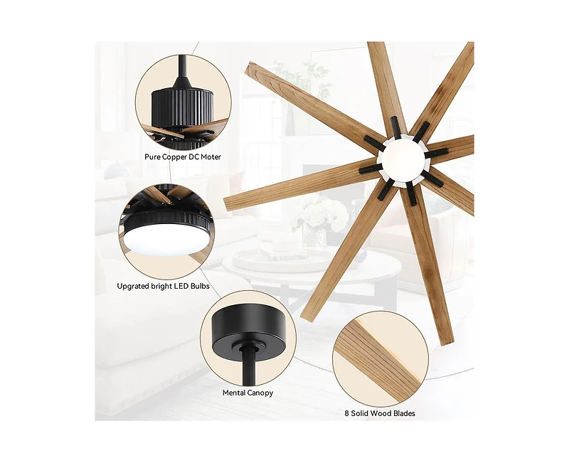 76-inch Modern and Simple Black 8-Blade Ceiling Fans with Remote Control and Lighting Kit