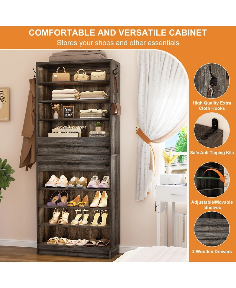 Aheaplus 8-Tier Shoe Rack with 2 Drawers, 80'' High Wooden Shoe Cabinet with Adjustable Shelves
