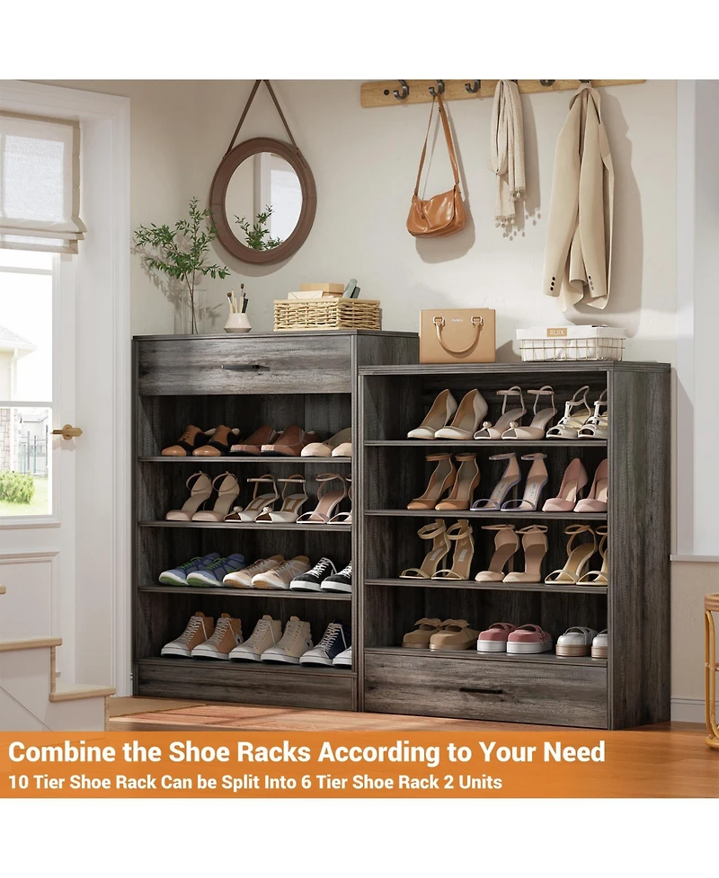 Aheaplus 8-Tier Shoe Rack with 2 Drawers, 80'' High Wooden Shoe Cabinet with Adjustable Shelves