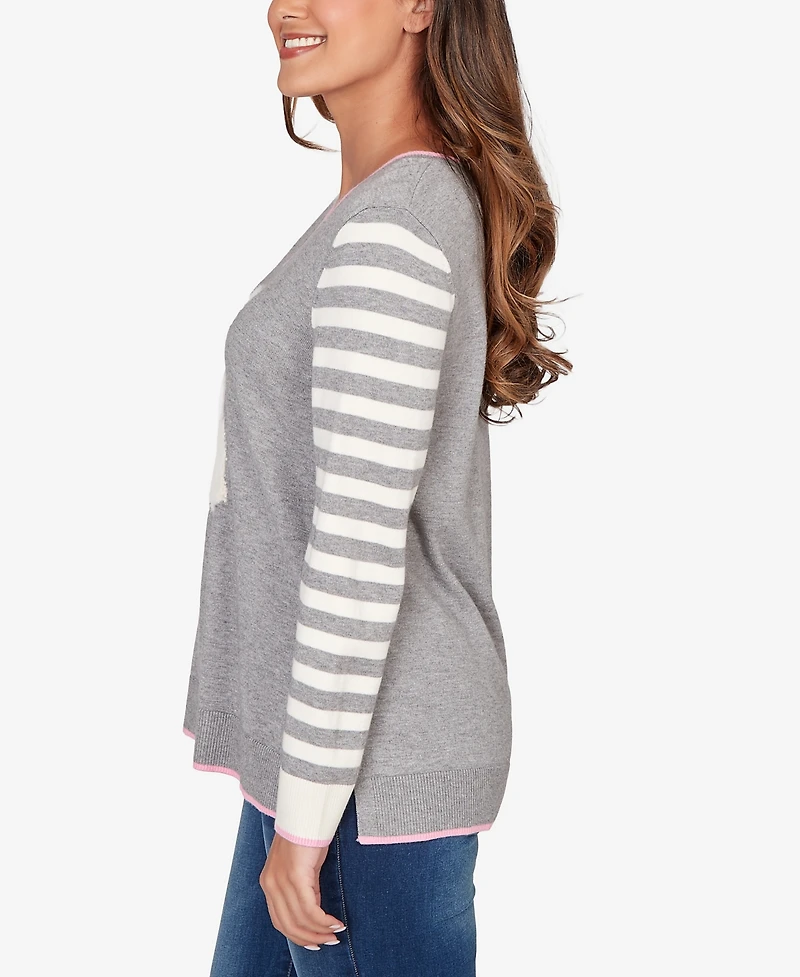 Ruby Rd. Petite Maltese Puppy Striped Sleeve Pullover Sweater