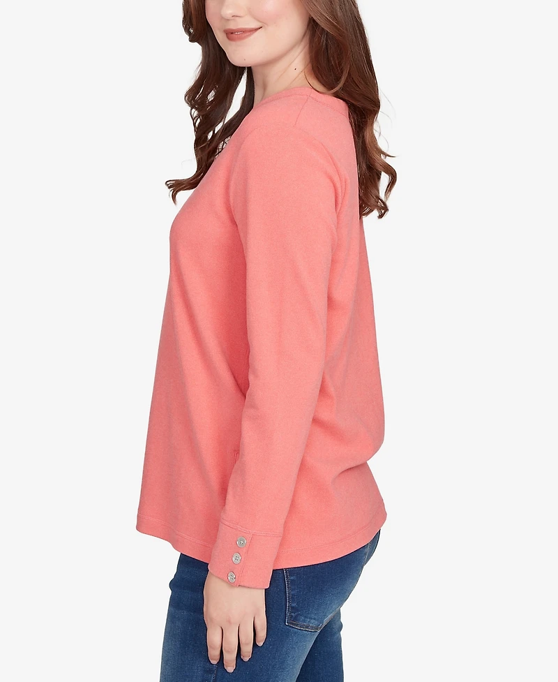 Ruby Rd. Petite Luxe Rib V-Neck Button Accent Knit Top