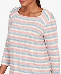 Ruby Rd. Petite Marled Stripe Envelope Neck Rib Knit Top
