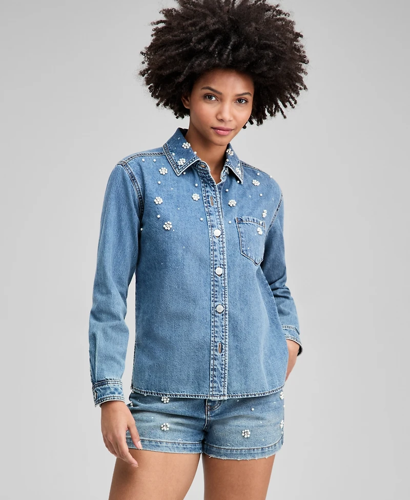 And Now This Women's Faux-Pearl-Embellished Jean Shirt, Macy's Exclusive