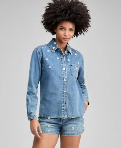 Now This Womens Faux Pearl Embellished Jean Shirt Faux Pearl Embellished Jean Shorts Macys Exclusive