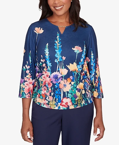 Alfred Dunner Women's Saratoga Springs Vertical Floral Border Knit Top