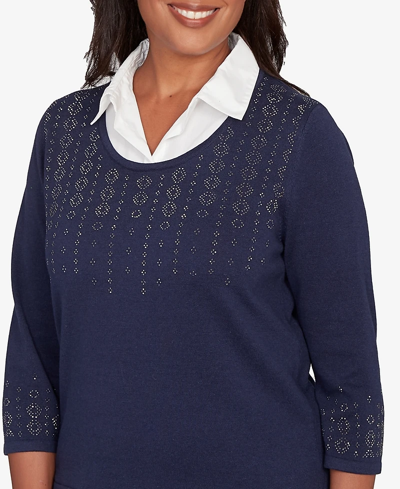 Alfred Dunner Women's Saratoga Springs Metallic Studded Textured Two One Sweater