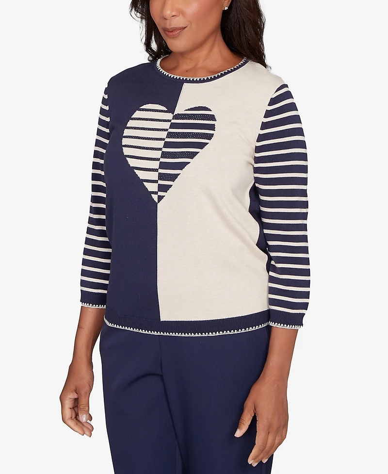 Alfred Dunner Women's Saratoga Springs Heart Motif Detail Striped Sweater