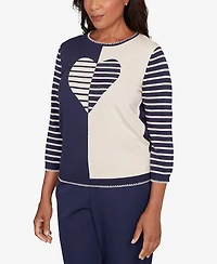 Alfred Dunner Women's Saratoga Springs Heart Motif Detail Striped Sweater