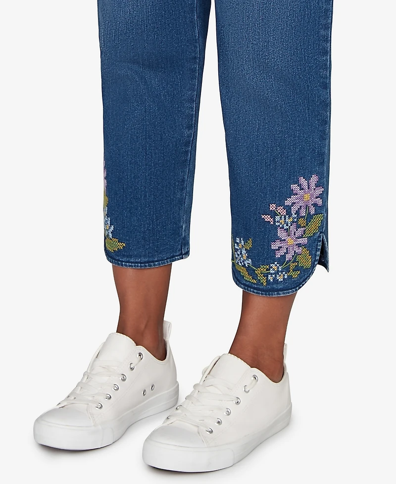 Alfred Dunner Women's Hilton Head Cross Stitch Flower Embroidery Ankle Pants