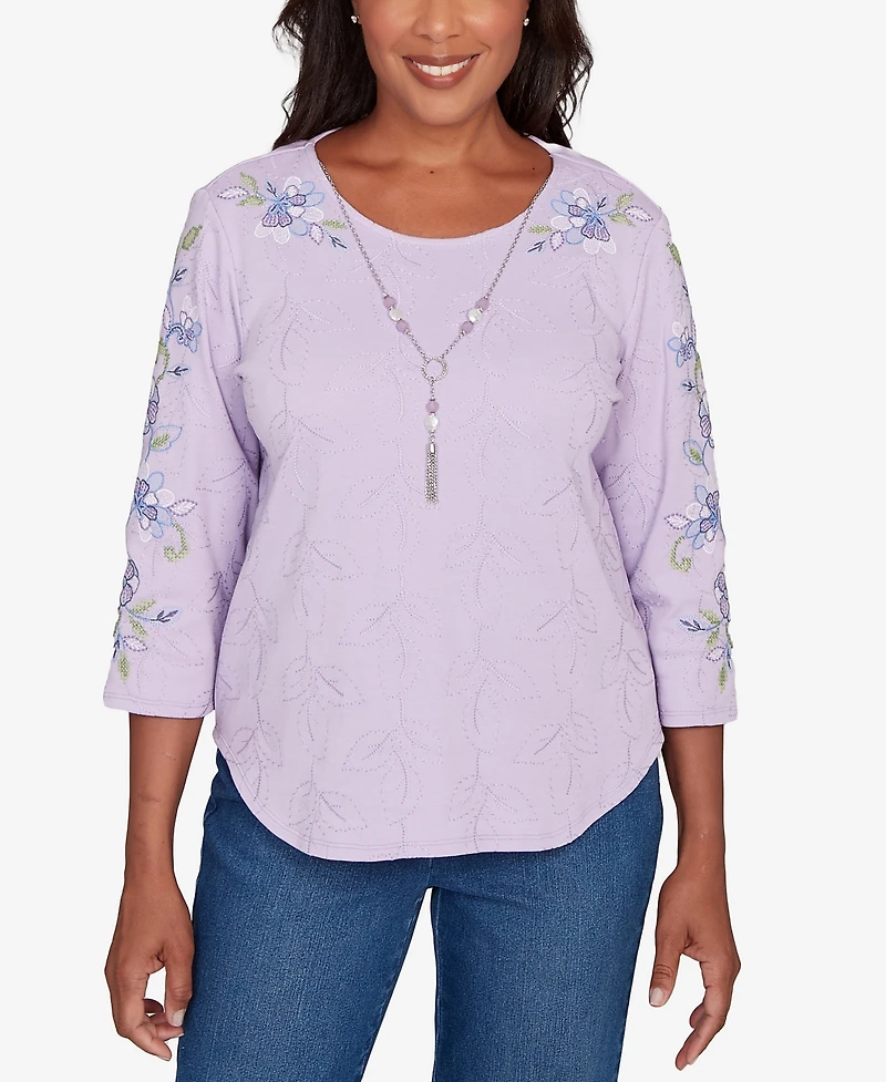 Alfred Dunner Women's Hilton Head Embroidered Sleeve Textured Top with Necklace