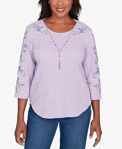 Alfred Dunner Women's Hilton Head Embroidered Sleeve Textured Top with Necklace