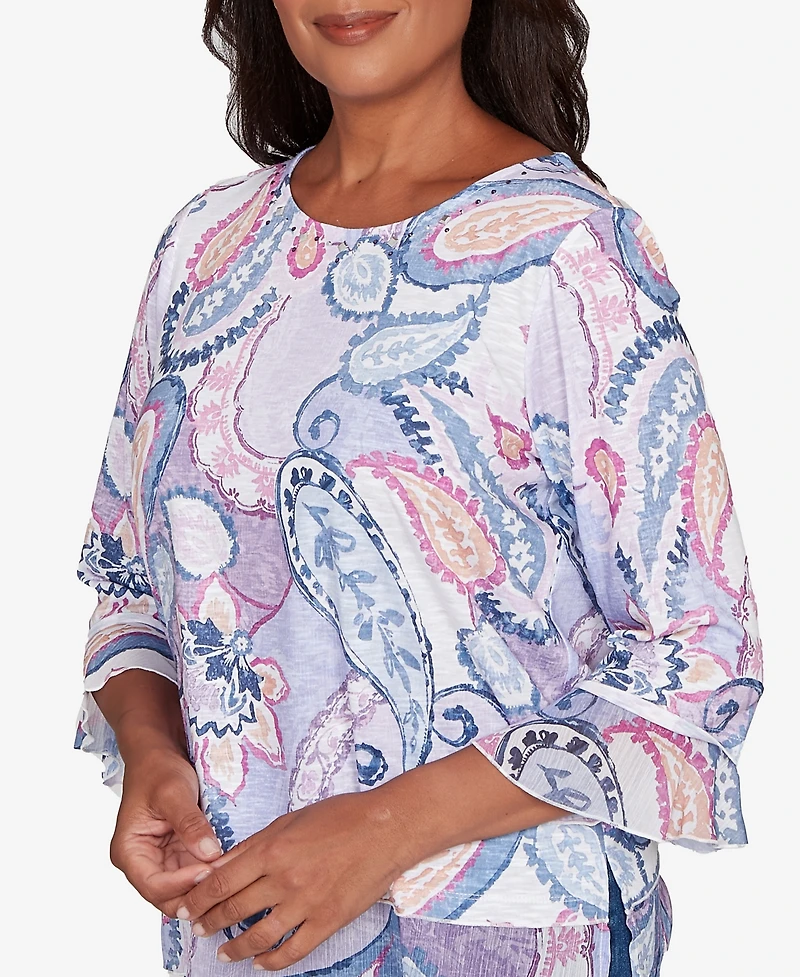 Alfred Dunner Women's Hilton Head Paisley Print Layered Hem Knit Top