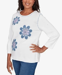 Alfred Dunner Women's Hilton Head Quilted Denim Applique Flower Sweater