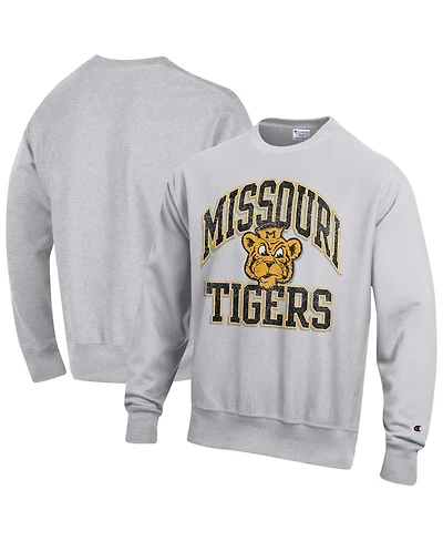 Champion Men's Gray Missouri Tigers Distressed Arch Over Logo Reverse Weave Crew Neck Sweatshirt