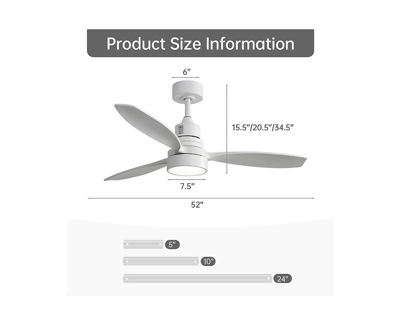Sofucor 52-inch Simple and Grand Style White 3-Blade Ceiling Fan with Remote Control and Light Source