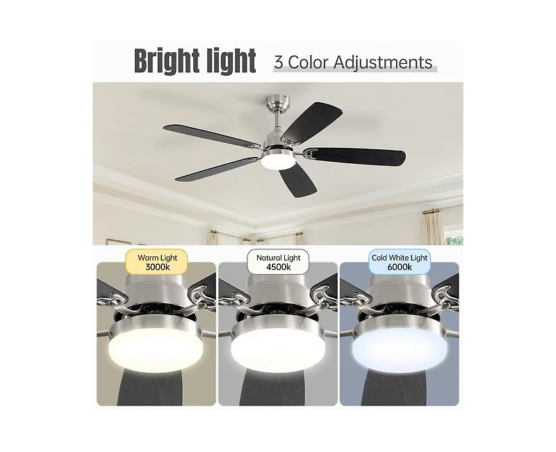 52-inch Modern Sand Nickel 5 blades Three-color Dimmable Ceiling Fan Led Light with Six-speed Remote Control and Timing Function