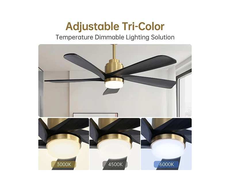 52-inch Modern Stylish Golden 5-Blade Ceiling Fan with Remote Control and Light Source