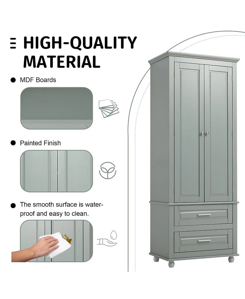 Airsurfer Tall Storage Cabinet with Two Drawers Grey Freestanding Organizer for Bathroom Office Living Room or Bedroom