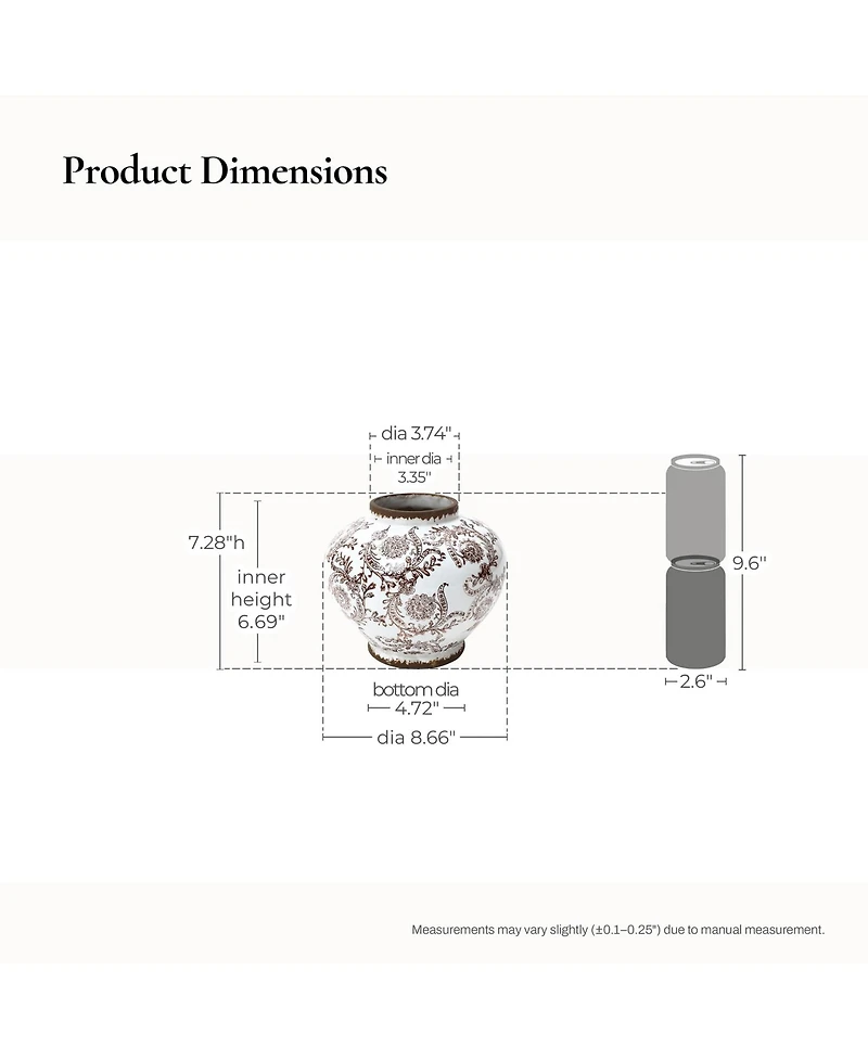 LuxenHome Brown Floral Wide-Mouth Waterproof Ceramic Vase, 8.66" Round Indoor Home Decor
