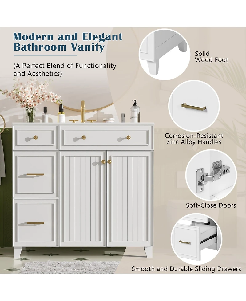 Airsurfer 36 Inch Bathroom Vanity with Ceramic Sink Adjustable Shelves Modern Storage Cabinet for Small and Medium Bathrooms