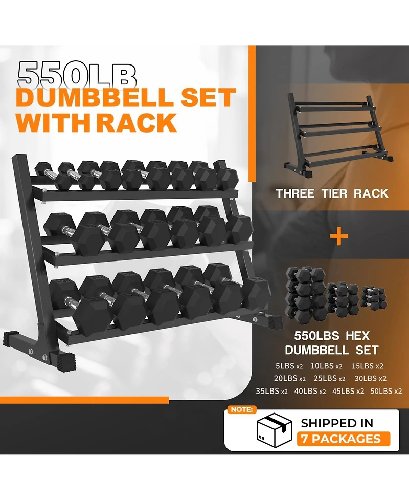 Mikolo Rubber Hex Dumbbell Set with Rack - 550LB Capacity, Chrome Handles