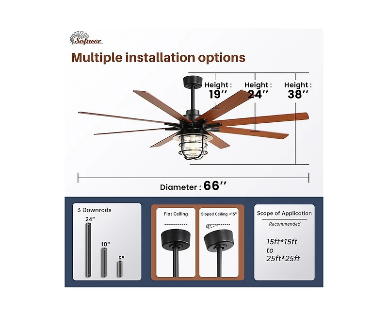 66-inch Modern Black 8-Blade Ceiling Fans with Light Kit and Remote Control