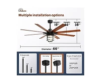 66-inch Modern Black 8-Blade Ceiling Fans with Light Kit and Remote Control