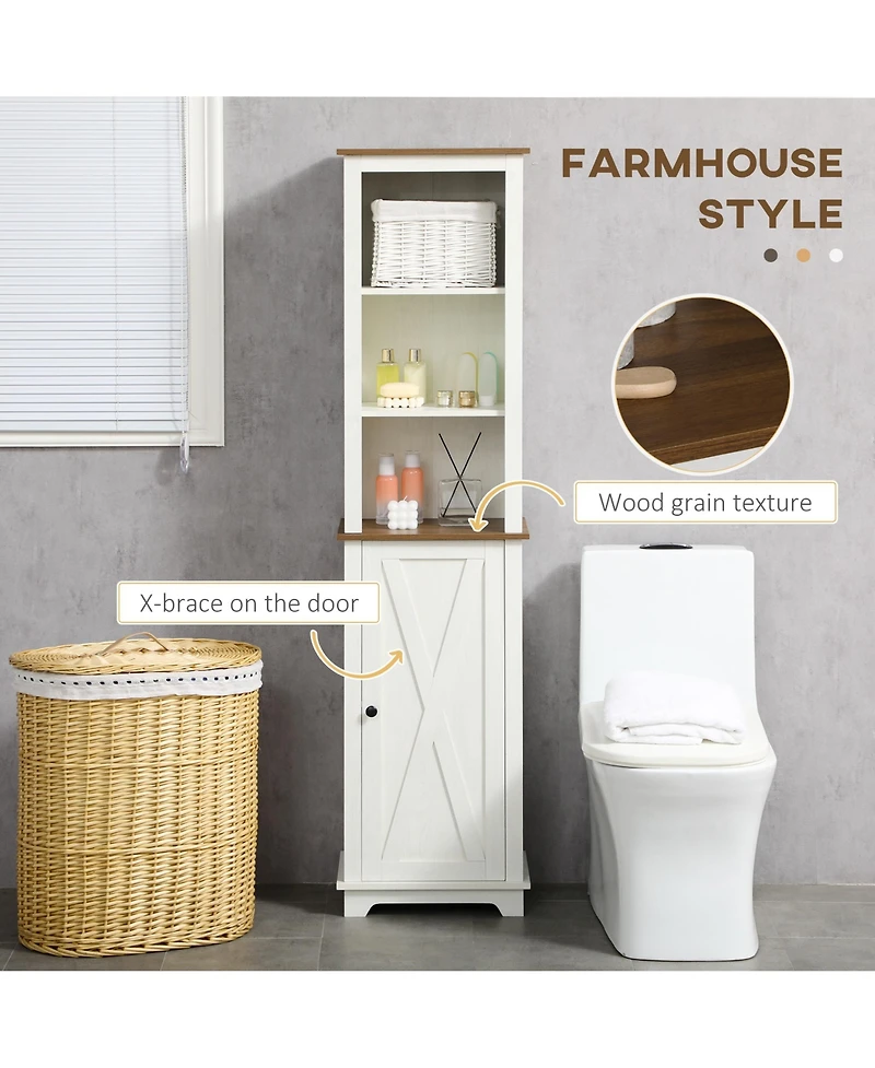 Bathroom Storage Cabinet with Triple Open Shelves Wooden Freestanding Linen Tower with Door and Adjustable Shelf White