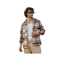 Campus Sutra Men's Saltbox Beige & Pecan Brown Tartan Utility Shacket