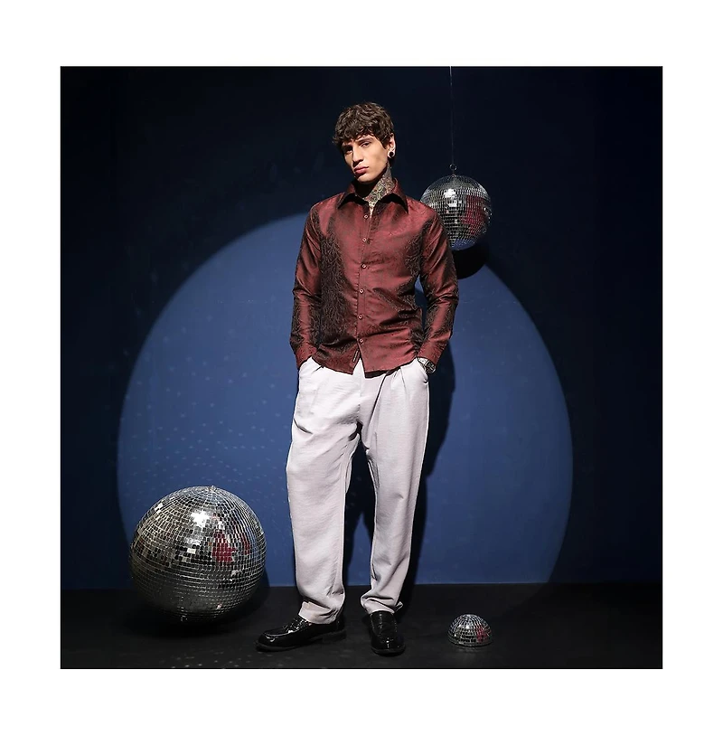 Campus Sutra Men's Burgundy Red Foliage-Woven Shirt