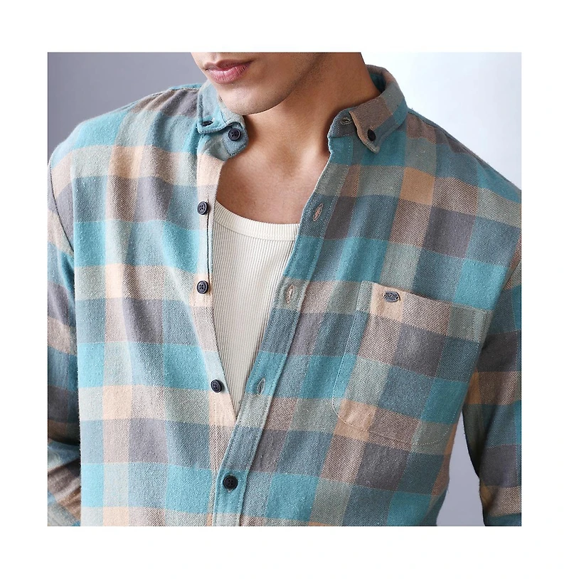 Campus Sutra Men's Sky Blue & Ecru Beige Block-Buffalo Regular Shirt