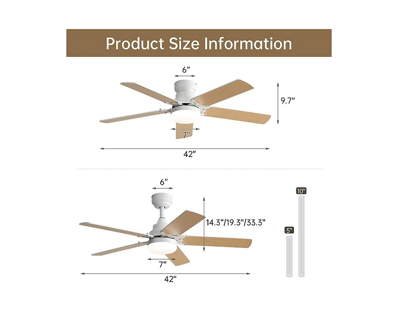 42-inch Modern Minimalist White 5-Blade Ceiling Fans with Led Lights and Remote Control