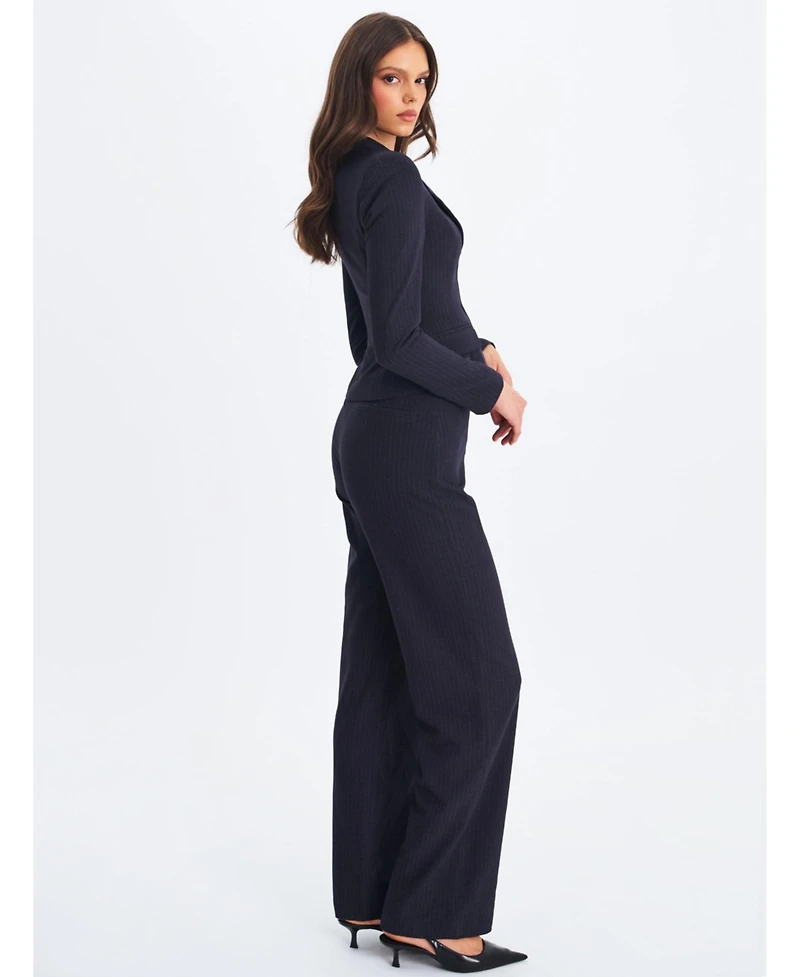 Miss Circle Women's Quinnie Navy Striped High-Waisted Straight Leg Pant