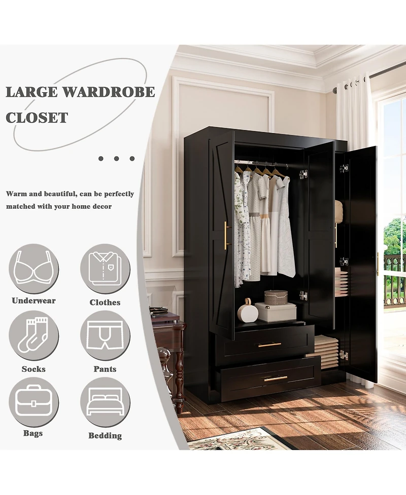 Freestanding Wood Bedroom Armoire with Hanging Rod and Shelves