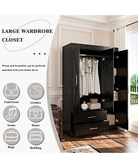Freestanding Wood Bedroom Armoire with Hanging Rod and Shelves