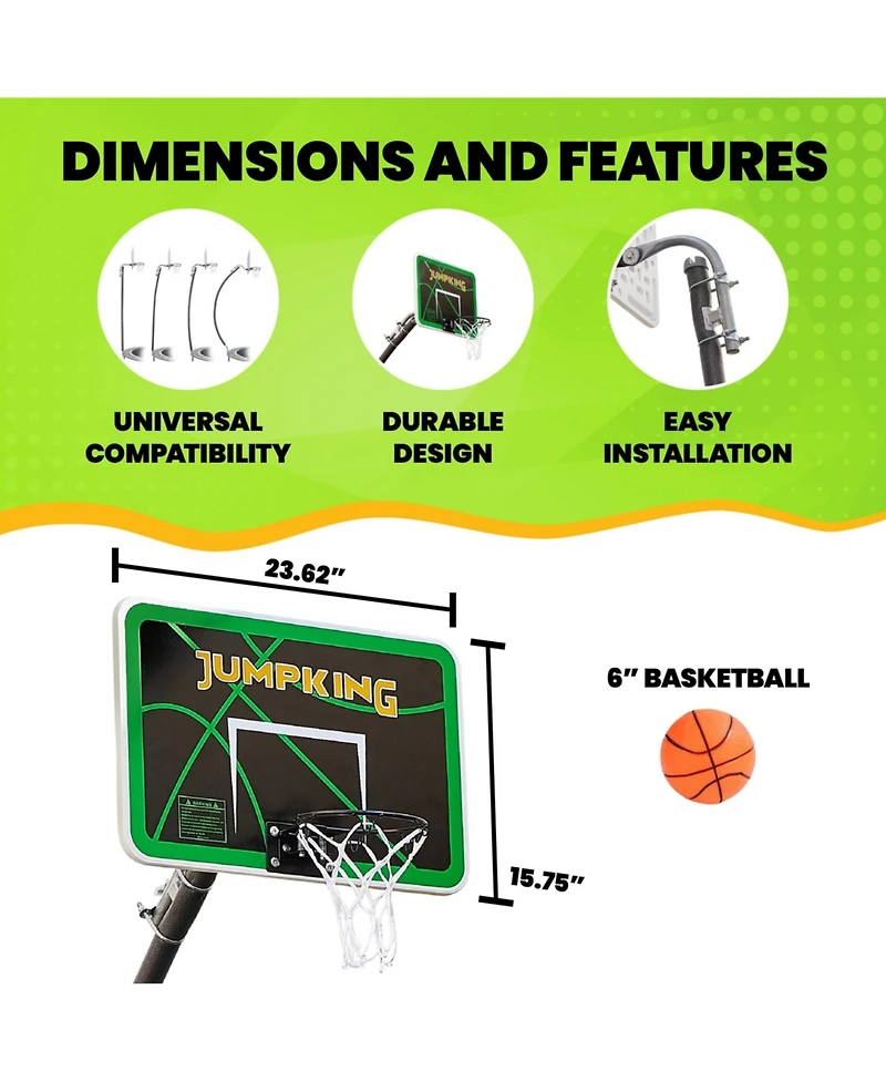 JumpKing Trampoline Basketball Hoop Set – 7.5" dia. Breakaway Metal Ring with Goose Neck Pole & Inflatable Mini Basketball Fits Most Trampoline Models