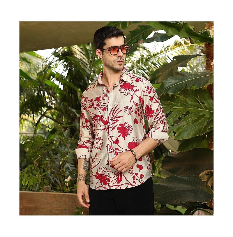 Campus Sutra Men's Scarlet Red Freesia-Imprint Shirt