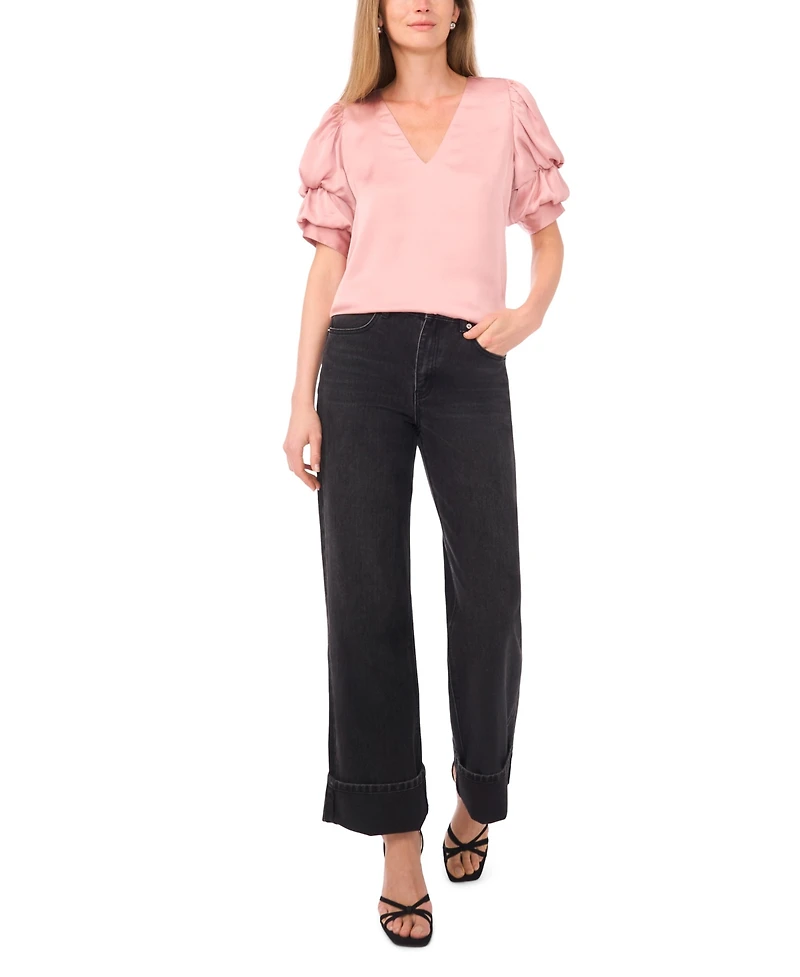 1.state Women's Short Bubble Sleeve V-Neck Top