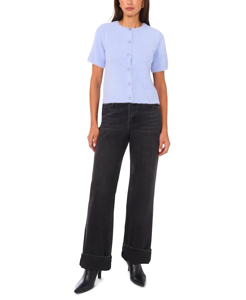 1.state Women's Eyelash Short Sleeve Cardigan Sweater