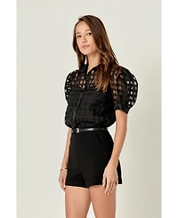 English Factory Women's Short Sleeve Organza Grid Blouse