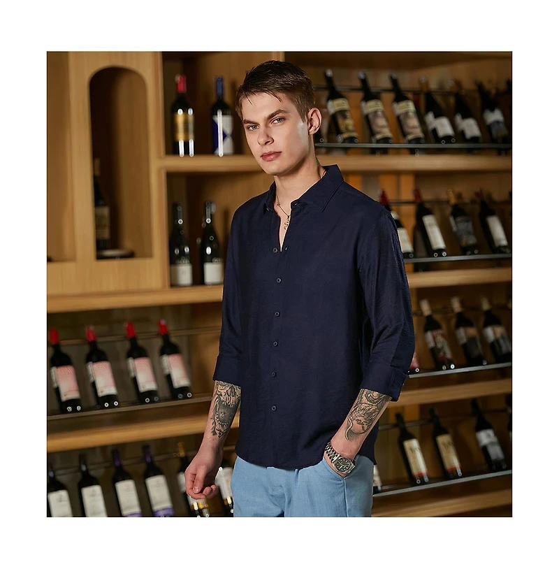 Campus Sutra Men's Navy Blue Breezy Wrinked Shirt