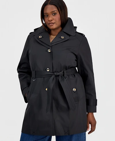 London Fog Plus Single-Breasted Hooded Belted Trench Coat