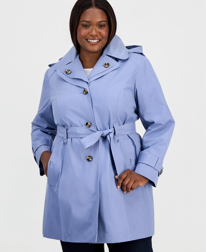 London Fog Plus Size Single-Breasted Hooded Belted Trench Coat