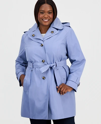 London Fog Plus Size Single-Breasted Hooded Belted Trench Coat