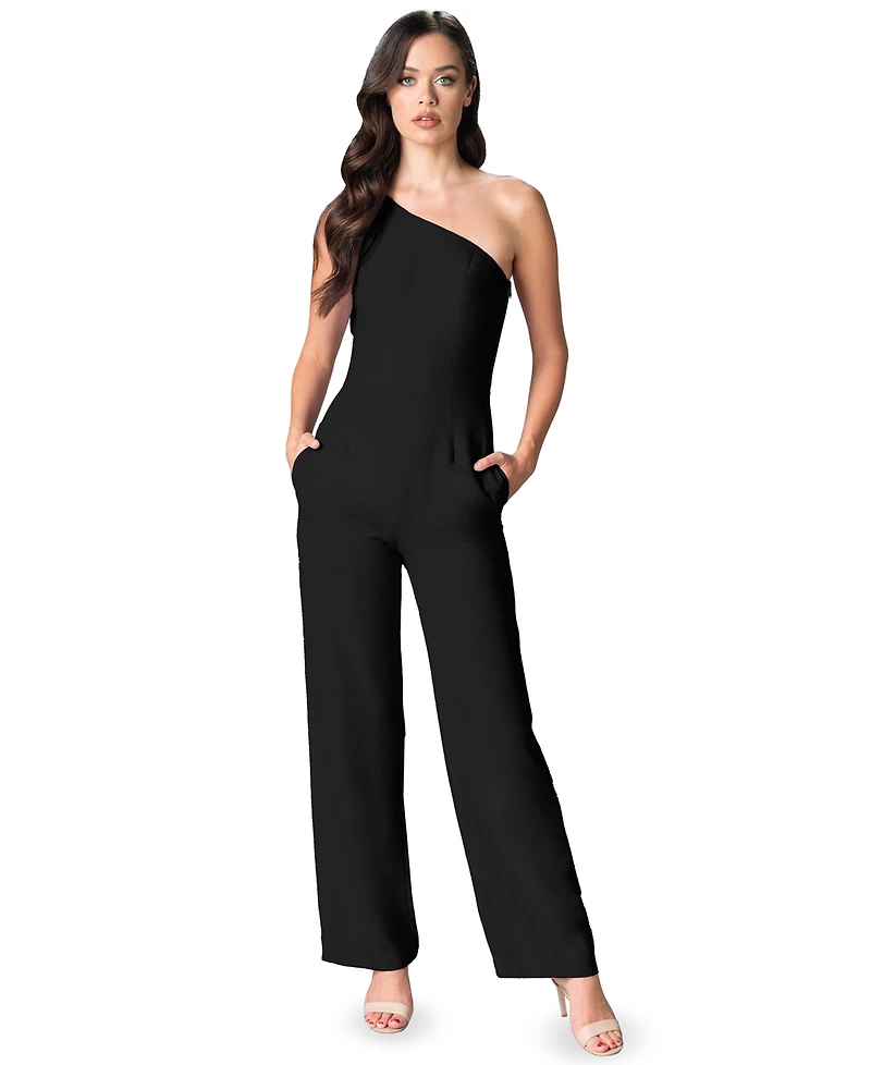 Dress the Population Women's Tiffany Bow-Trim One-Shoulder Jumpsuit