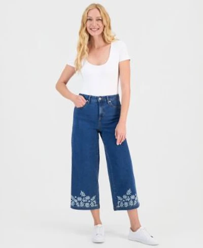 Style Co Womens Embroidered High Rise Wide Leg Cropped Jeans Macys Exclusive