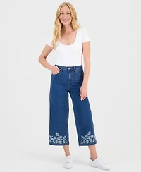 Style Co Womens Embroidered High Rise Wide Leg Cropped Jeans Macys Exclusive