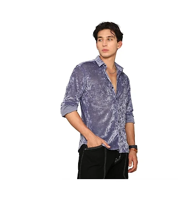 Campus Sutra Men's Cornflower Blue Solid Velvet Shirt
