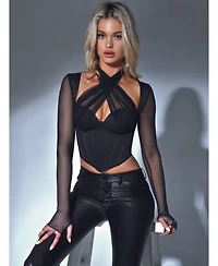 Miss Circle Women's Nataly Black Mesh Satin Corset Top